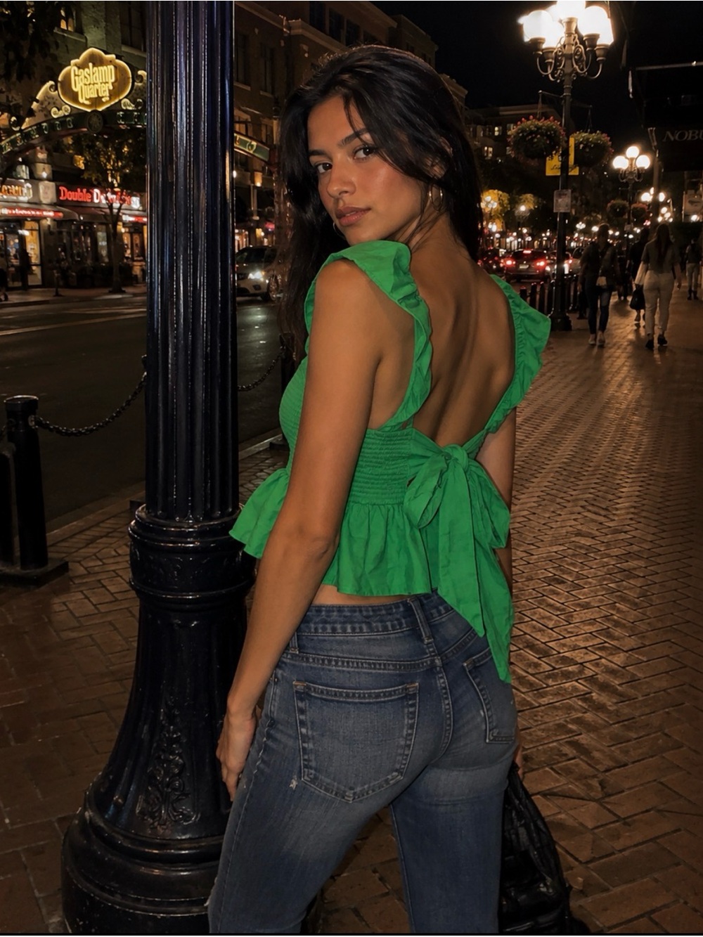 Nation LTD Kelly Green Smocked Ruffle Peplum Top Size L | Tie Back |
